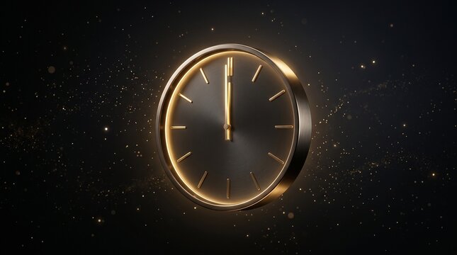 Minimalist metallic clock face with glowing golden edges on dark background