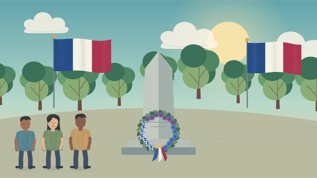Comm&eacute;moration fran&ccedil;aise de la victoire avec drapeaux tricolores et fleurs printani&egrave;res