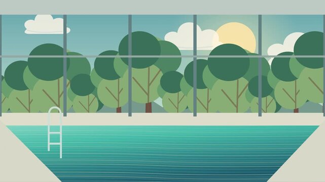 Piscine int&eacute;rieure avec vue sur une for&ecirc;t et reflets doux sur l&rsquo;eau
