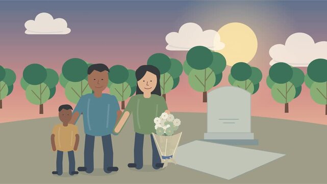 Famille d&eacute;posant des fleurs sur une tombe dans un cimeti&egrave;re paisible