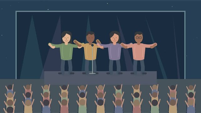 Festival de musique avec artistes, &eacute;clairages de sc&egrave;ne et foule en mouvement