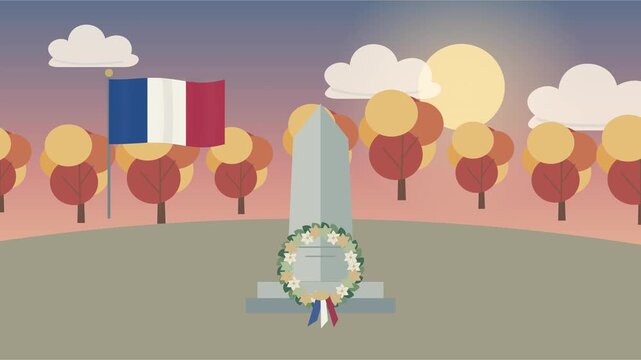 Comm&eacute;moration fran&ccedil;aise de l&rsquo;Armistice avec feuilles d&rsquo;automne et drapeaux tricolores