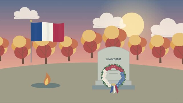 Hommage du 11 Novembre avec couronne comm&eacute;morative et flamme &eacute;ternelle