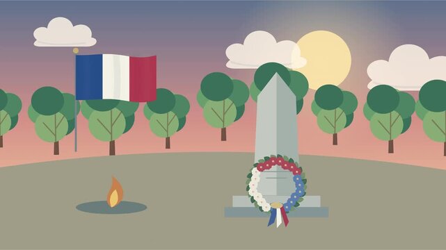 M&eacute;morial en hommage aux h&eacute;ros avec fleurs, drapeaux et bougies