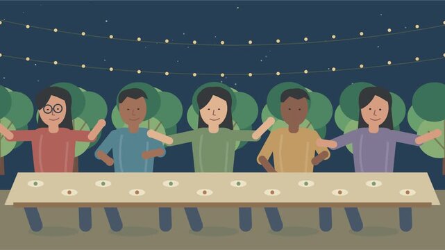 Famille partageant un d&icirc;ner dans le jardin sous des guirlandes lumineuses