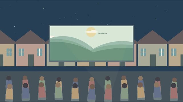 Cin&eacute;ma en plein air sur une place de village avec public assis en soir&eacute;e