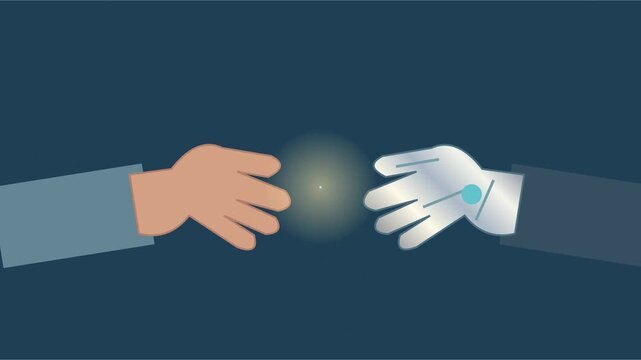 Main humaine et main robotique se rapprochant dans une lumi&egrave;re douce