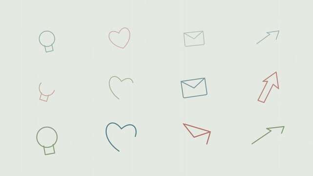 Ic&ocirc;nes et formes ludiques dessin&eacute;es &agrave; la main apparaissant sur fond clair