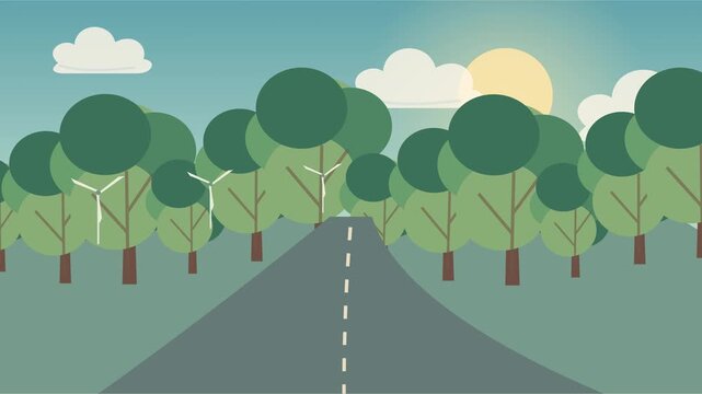 Route traversant un paysage vert avec &eacute;nergie propre vers un avenir durable