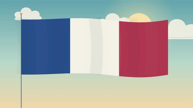 Drapeau tricolore fran&ccedil;ais flottant doucement sous un ciel bleu