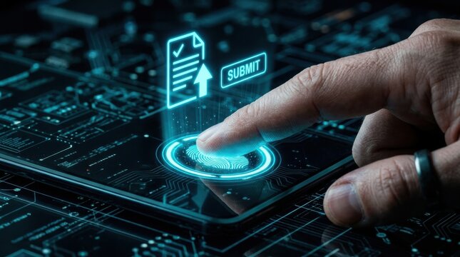 Submit Button Technology Photo with Finger Pressing Futuristic Digital Interface