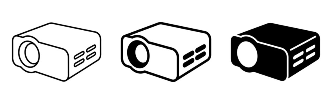 Multimedia projector perspective view line and silhouette icons with different stroke weights for media room.