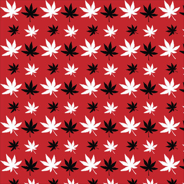 Seamless cannabis leaf pattern vector background, red marijuana leaves wallpaper design, black and white hemp foliage repeat texture