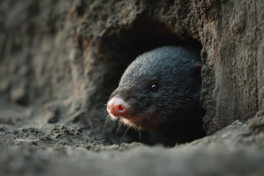 A curious mole peeks out from its burrow, its pink nose and tiny whiskers illuminated against the darkness of the earth, showcasing its habitat