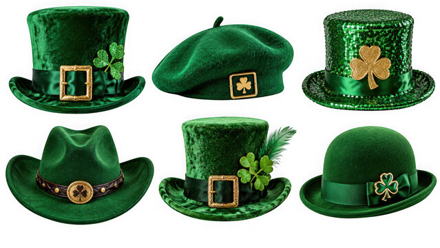 Collection of green st patricks day hats isolated on transparent background