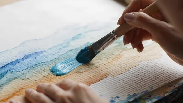 Watercolor Painting Process Showing a Hand Applying Blue Pigment to Paper, Creating an Abstract Ocean Wave Design. Artistic Creation, Fluid Motion.