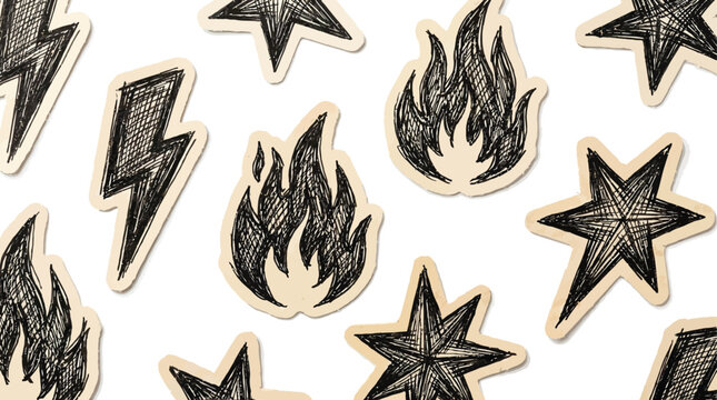 Set of hand drawn doodle stickers with lightning bolts, stars, and fire flames