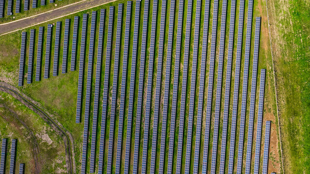 Aerial view of rows of photovoltaic solar panels arranged in a large field, showcasing renewable energy infrastructure in Posadas, Misiones Province, Argentina.