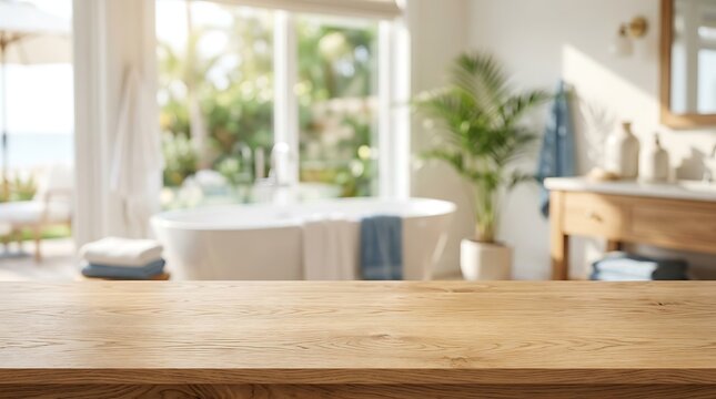 Empty wooden table in blurred luxury bathroom for product display mockup bright sunny spa interior background banner