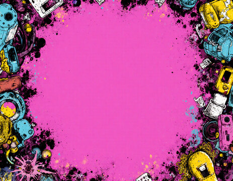 Dirt and garbage cover the ground. In the center, there is a bright pink area filled with random objects like cameras and other items. The scene suggests neglect Generative AI