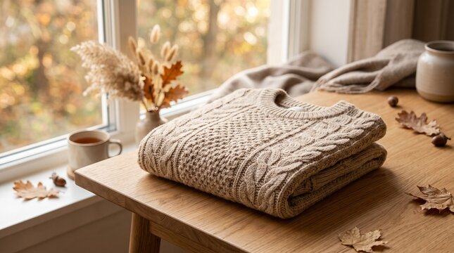 Folded beige cable knit sweater on a wooden table with autumn decor