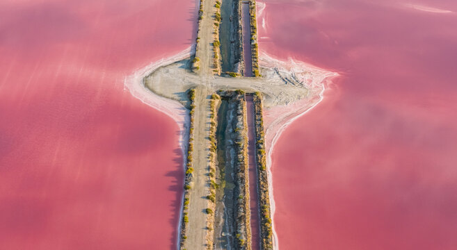 Aerial view of the vivid pink salt evaporation ponds in Camargue, with a narrow access road dividing the geometric industrial landscape in Aigues-Mortes, Occitanie, France.
