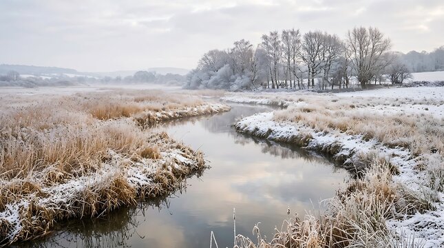 A serene winter landscape featuring a winding river flowing through frostcovered marshland with snowdusted trees under a soft, overcast sky
