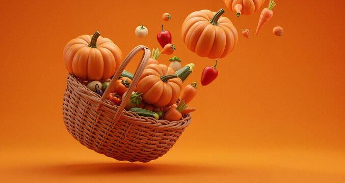 Pumpkins and autumn vegetables falling from wooden rattan basket on orange background 3D Rendering, 3D Illustration
