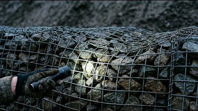 Wire gabion basket holding compact stones against bowed metal mesh along a wet slope under a sweeping flashlight beam