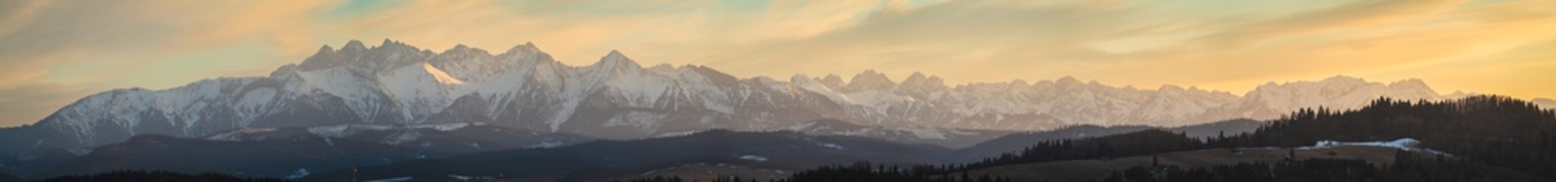 Tatras mounains winde angle view at sunrise in Poland