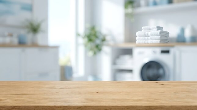 Wooden Table Top with Blurred Laundry Room Background for Clean Home Product Display Website Banner Mockup Image