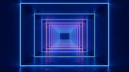 Fototapeta premium 3d rendering of an empty room with a tunnel-like structure in the center. the walls and floor are made of concrete and the floor is made of blue and purple neon lights.