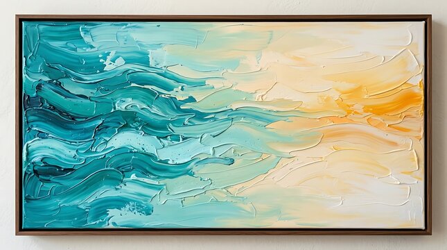 Abstract oil painting with thick impasto texture featuring a gradient transition from deep turquoise and teal waves to soft golden yellow and white light