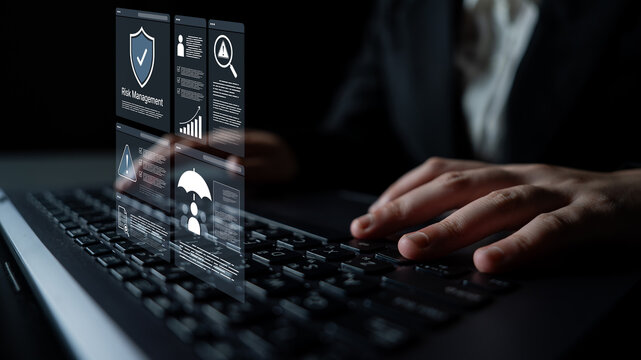 A professional user interacts with a digital risk management dashboard on a laptop, showcasing data visualization elements for effective decision-making in a corporate environment. Nascent