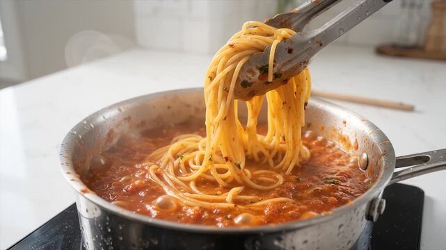 Fresh spaghetti noodles being lifted from a pan of rich tomato sauce during cooking.