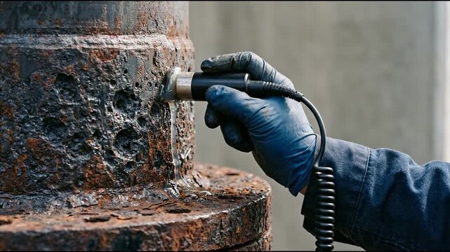 A round transducer probe traversing a pitted carbon steel pipe flange neck with flaky rust and dark oxide craters