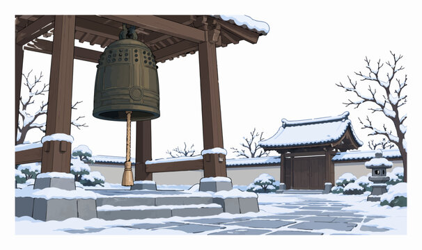 雪が積もる寺院の鐘楼と鐘の綱