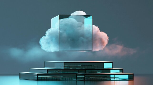Futuristic building with a large cloud in the background. the building is made up of multiple levels, with the top level being the largest and the bottom level being smaller.