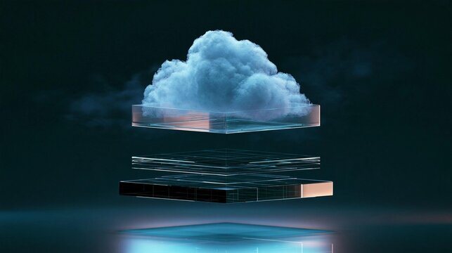 Digital illustration of a cloud computing concept. the cloud is in the center of the image, with a transparent glass box on top of it.