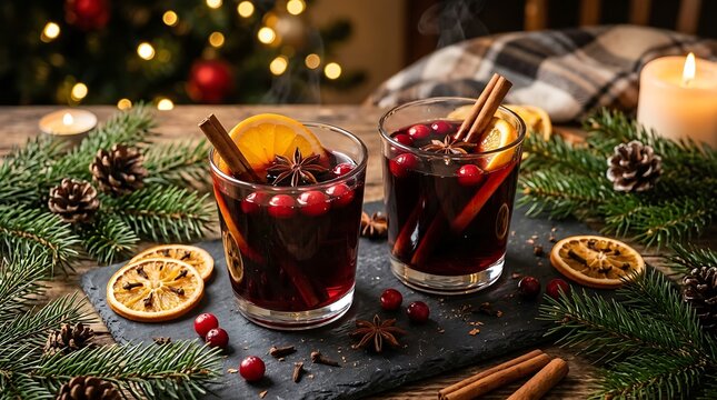 Two glasses of steaming mulled wine with cinnamon sticks, star anise, cranberries, and orange slices on a rustic wooden table with christmas decorations