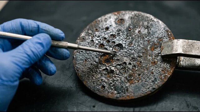 Probe inspecting an oxidized circular steel coupon disc with dark metallic surface and heavy cratered pitting