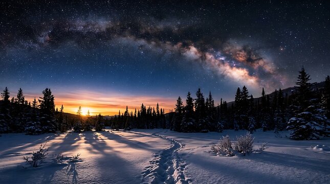 Winter night landscape with starry sky and snow forest