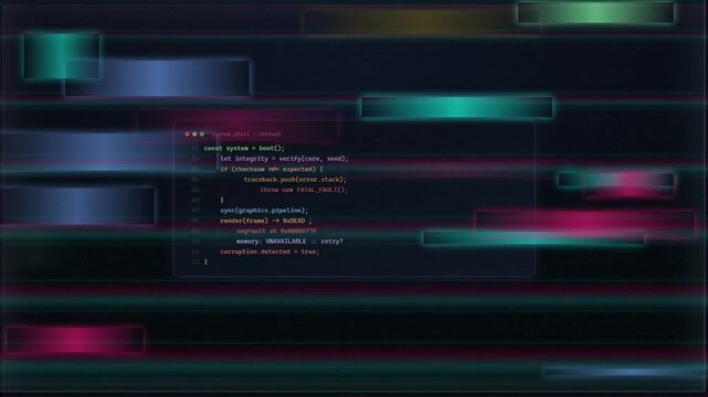 Digital glitch animation with fatal error message and scrolling computer code on dark background