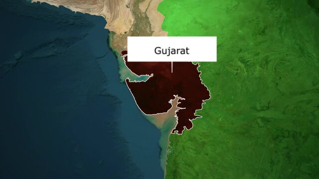 Highlighting the geographical location of Gujarat state in India on a zooming satellite globe