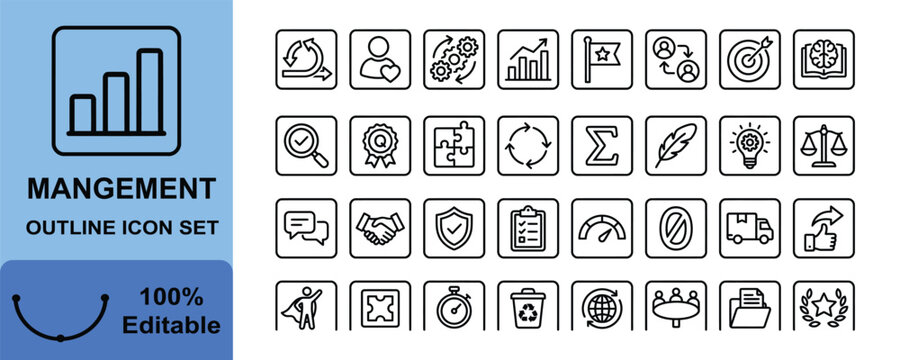 Business management and workflow thin line icon set for professional dashboard layout