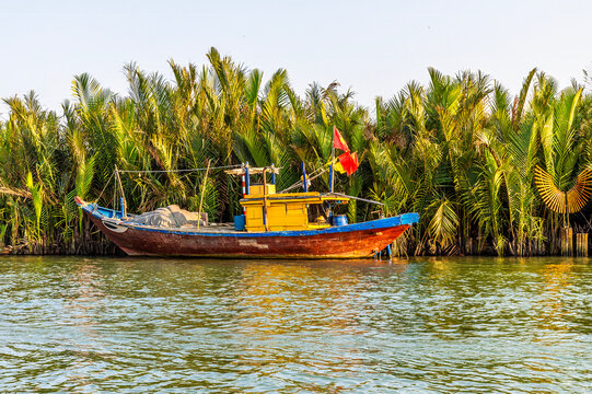 A view of a traditional wooden fishing boat moored near a lush nipa palm mangrove on the waterways of the Bay Mau coconut forest in Cam Thanh village near Hoi An, Vietnam on a bright sunny day