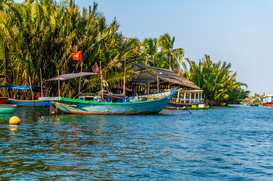 A view of a traditional blue wooden fishing boat moored near a lush nipa palm mangrove on the waterways of the Bay Mau coconut forest in Cam Thanh village near Hoi An, Vietnam on a bright sunny day