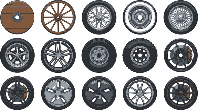 Set of various car wheels and tires, from vintage wooden wagon wheels to modern alloy rims and offroad tires