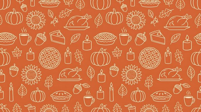 Autumn seasonal icons repeating pattern with pumpkins and thanksgiving food