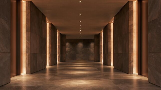 Long corridor with a high ceiling and a tiled floor. the walls are made of dark brown tiles and are arranged in a symmetrical pattern.